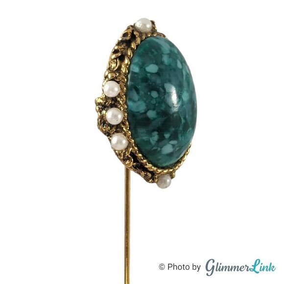 Vintage Oval Mottled Green Cabochon Faux Pearl Filigree Gold Tone Stick Pin - Picture 2 of 10